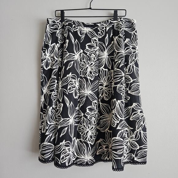 Style & Co Linen A-Line Skirt 16 Black White Floral Print Midi Boho Classic - Picture 1 of 8